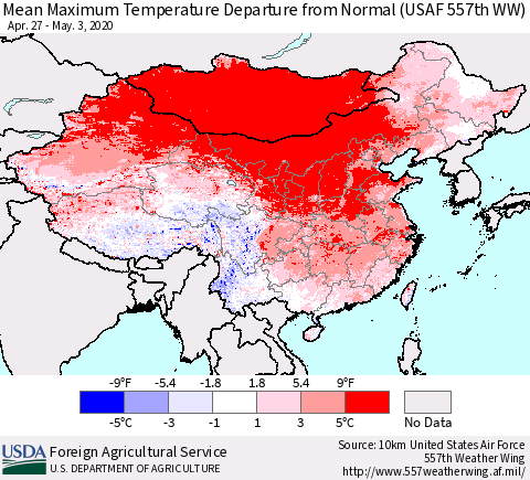 China, Mongolia and Taiwan Mean Maximum Temperature Departure from Normal (USAF 557th WW) Thematic Map For 4/27/2020 - 5/3/2020