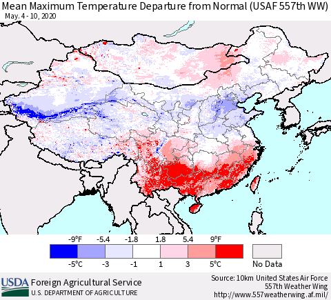 China, Mongolia and Taiwan Mean Maximum Temperature Departure from Normal (USAF 557th WW) Thematic Map For 5/4/2020 - 5/10/2020