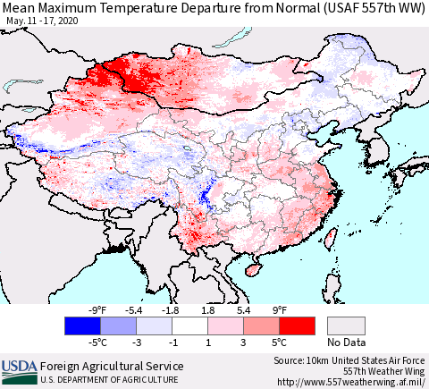 China, Mongolia and Taiwan Mean Maximum Temperature Departure from Normal (USAF 557th WW) Thematic Map For 5/11/2020 - 5/17/2020