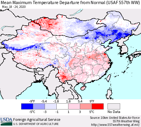 China, Mongolia and Taiwan Mean Maximum Temperature Departure from Normal (USAF 557th WW) Thematic Map For 5/18/2020 - 5/24/2020
