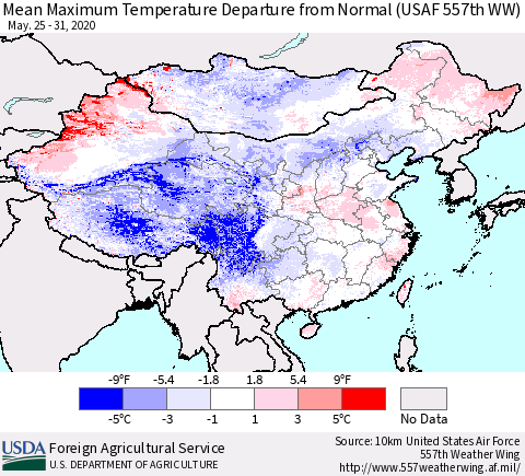 China, Mongolia and Taiwan Mean Maximum Temperature Departure from Normal (USAF 557th WW) Thematic Map For 5/25/2020 - 5/31/2020