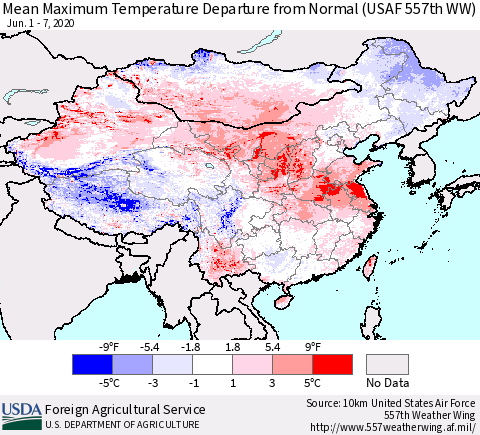 China, Mongolia and Taiwan Mean Maximum Temperature Departure from Normal (USAF 557th WW) Thematic Map For 6/1/2020 - 6/7/2020