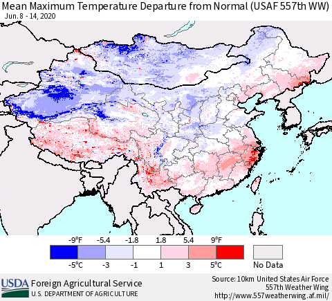 China, Mongolia and Taiwan Mean Maximum Temperature Departure from Normal (USAF 557th WW) Thematic Map For 6/8/2020 - 6/14/2020