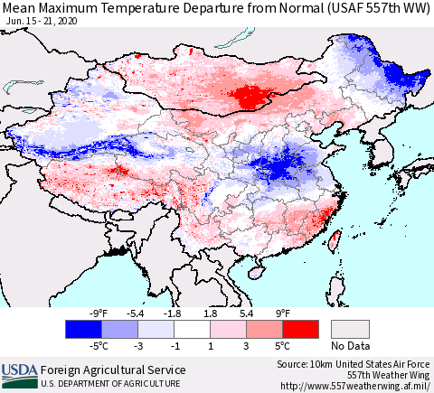 China, Mongolia and Taiwan Mean Maximum Temperature Departure from Normal (USAF 557th WW) Thematic Map For 6/15/2020 - 6/21/2020