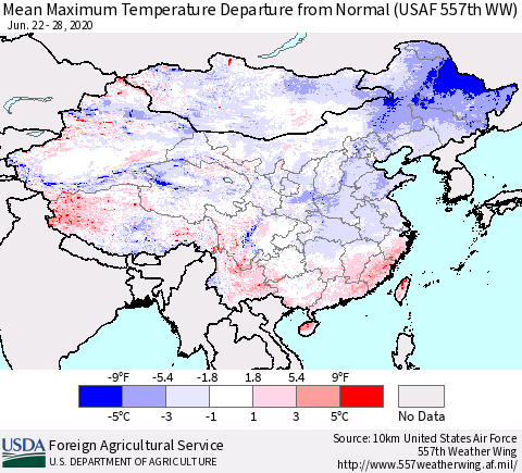 China, Mongolia and Taiwan Mean Maximum Temperature Departure from Normal (USAF 557th WW) Thematic Map For 6/22/2020 - 6/28/2020