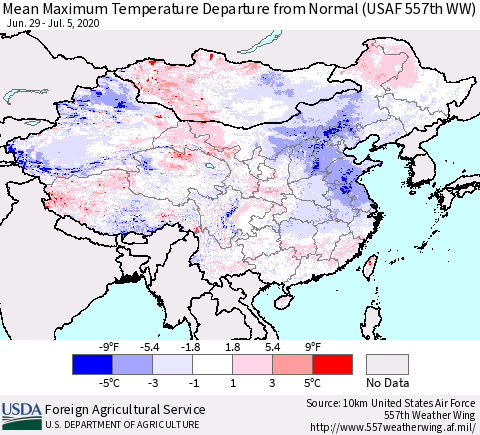 China, Mongolia and Taiwan Mean Maximum Temperature Departure from Normal (USAF 557th WW) Thematic Map For 6/29/2020 - 7/5/2020