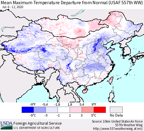 China, Mongolia and Taiwan Mean Maximum Temperature Departure from Normal (USAF 557th WW) Thematic Map For 7/6/2020 - 7/12/2020