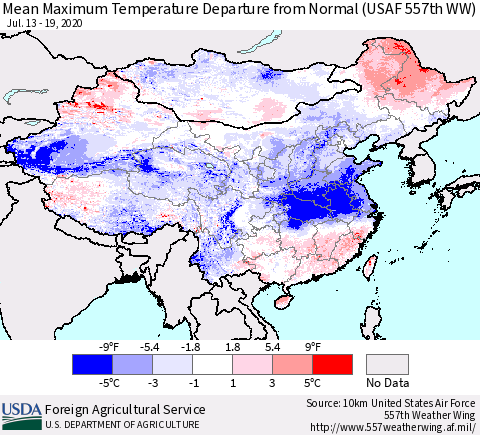China, Mongolia and Taiwan Mean Maximum Temperature Departure from Normal (USAF 557th WW) Thematic Map For 7/13/2020 - 7/19/2020