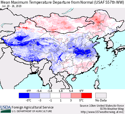 China, Mongolia and Taiwan Mean Maximum Temperature Departure from Normal (USAF 557th WW) Thematic Map For 7/20/2020 - 7/26/2020