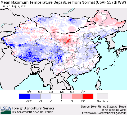 China, Mongolia and Taiwan Mean Maximum Temperature Departure from Normal (USAF 557th WW) Thematic Map For 7/27/2020 - 8/2/2020