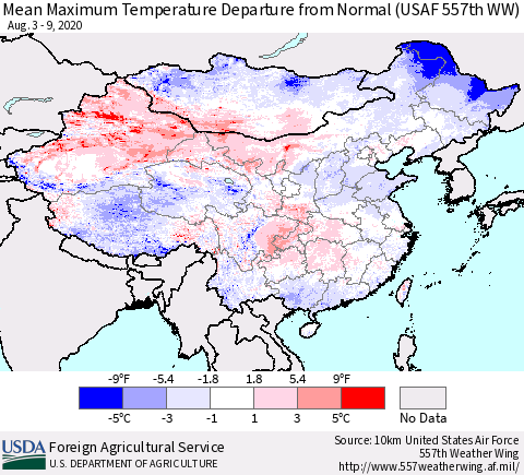 China, Mongolia and Taiwan Mean Maximum Temperature Departure from Normal (USAF 557th WW) Thematic Map For 8/3/2020 - 8/9/2020