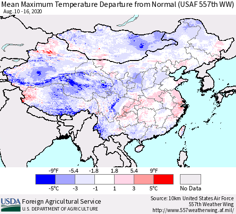 China, Mongolia and Taiwan Mean Maximum Temperature Departure from Normal (USAF 557th WW) Thematic Map For 8/10/2020 - 8/16/2020