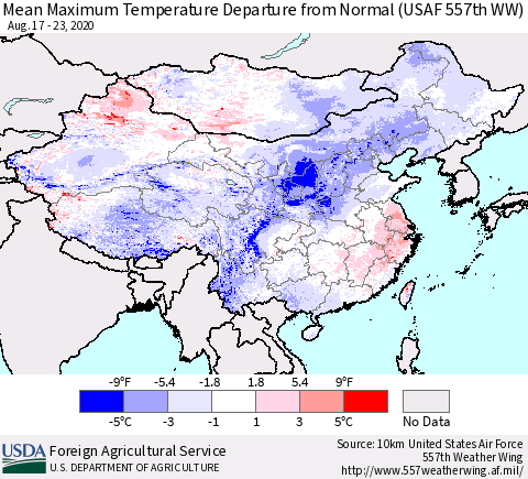 China, Mongolia and Taiwan Mean Maximum Temperature Departure from Normal (USAF 557th WW) Thematic Map For 8/17/2020 - 8/23/2020