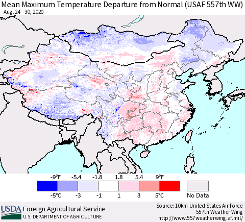 China, Mongolia and Taiwan Mean Maximum Temperature Departure from Normal (USAF 557th WW) Thematic Map For 8/24/2020 - 8/30/2020