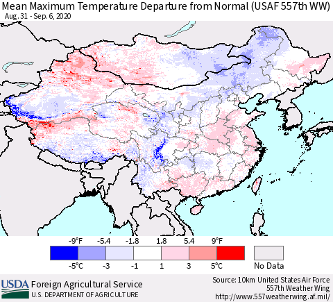 China, Mongolia and Taiwan Mean Maximum Temperature Departure from Normal (USAF 557th WW) Thematic Map For 8/31/2020 - 9/6/2020