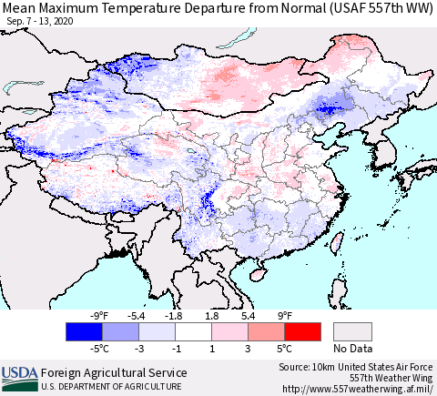 China, Mongolia and Taiwan Mean Maximum Temperature Departure from Normal (USAF 557th WW) Thematic Map For 9/7/2020 - 9/13/2020