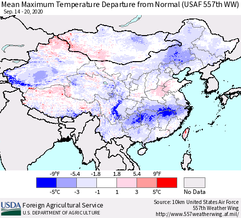 China, Mongolia and Taiwan Mean Maximum Temperature Departure from Normal (USAF 557th WW) Thematic Map For 9/14/2020 - 9/20/2020