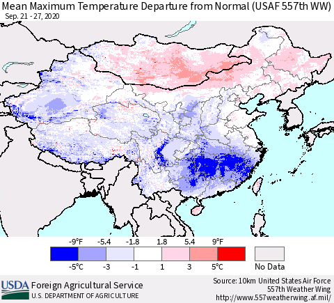 China, Mongolia and Taiwan Mean Maximum Temperature Departure from Normal (USAF 557th WW) Thematic Map For 9/21/2020 - 9/27/2020