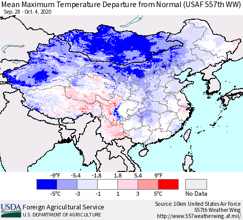 China, Mongolia and Taiwan Mean Maximum Temperature Departure from Normal (USAF 557th WW) Thematic Map For 9/28/2020 - 10/4/2020