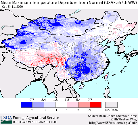 China, Mongolia and Taiwan Mean Maximum Temperature Departure from Normal (USAF 557th WW) Thematic Map For 10/5/2020 - 10/11/2020