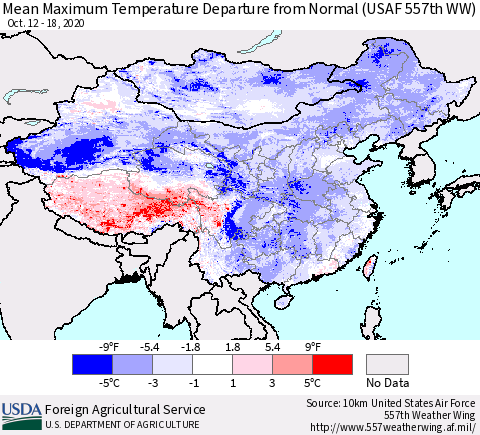 China, Mongolia and Taiwan Mean Maximum Temperature Departure from Normal (USAF 557th WW) Thematic Map For 10/12/2020 - 10/18/2020