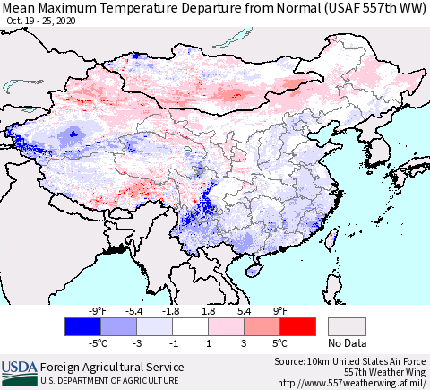 China, Mongolia and Taiwan Mean Maximum Temperature Departure from Normal (USAF 557th WW) Thematic Map For 10/19/2020 - 10/25/2020
