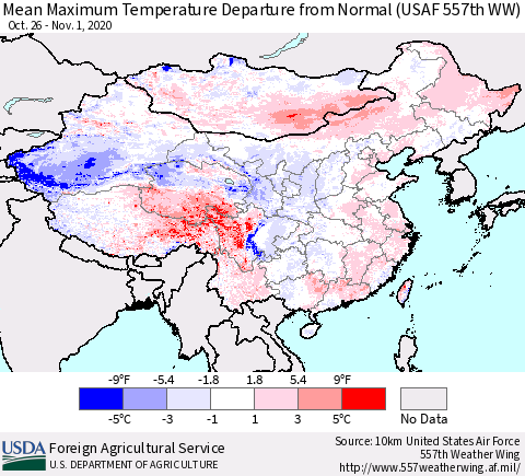 China, Mongolia and Taiwan Mean Maximum Temperature Departure from Normal (USAF 557th WW) Thematic Map For 10/26/2020 - 11/1/2020