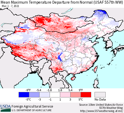 China, Mongolia and Taiwan Mean Maximum Temperature Departure from Normal (USAF 557th WW) Thematic Map For 3/1/2021 - 3/7/2021