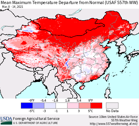 China, Mongolia and Taiwan Mean Maximum Temperature Departure from Normal (USAF 557th WW) Thematic Map For 3/8/2021 - 3/14/2021