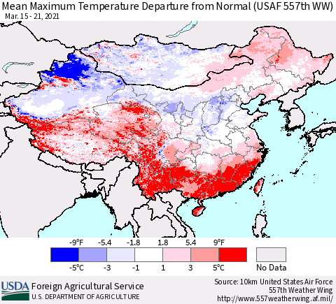 China, Mongolia and Taiwan Mean Maximum Temperature Departure from Normal (USAF 557th WW) Thematic Map For 3/15/2021 - 3/21/2021