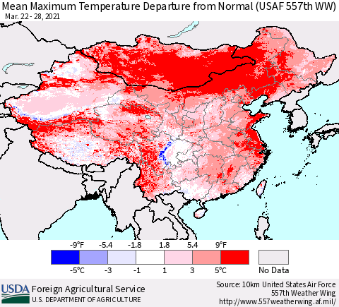 China, Mongolia and Taiwan Mean Maximum Temperature Departure from Normal (USAF 557th WW) Thematic Map For 3/22/2021 - 3/28/2021