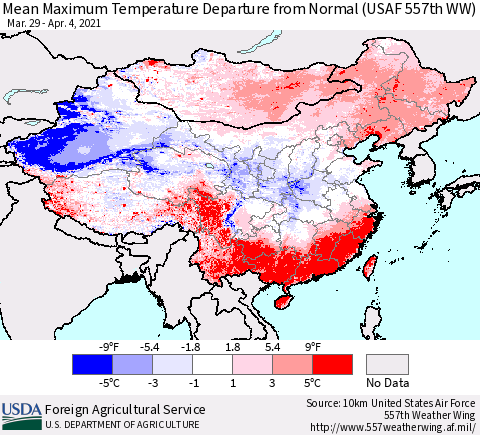 China, Mongolia and Taiwan Mean Maximum Temperature Departure from Normal (USAF 557th WW) Thematic Map For 3/29/2021 - 4/4/2021