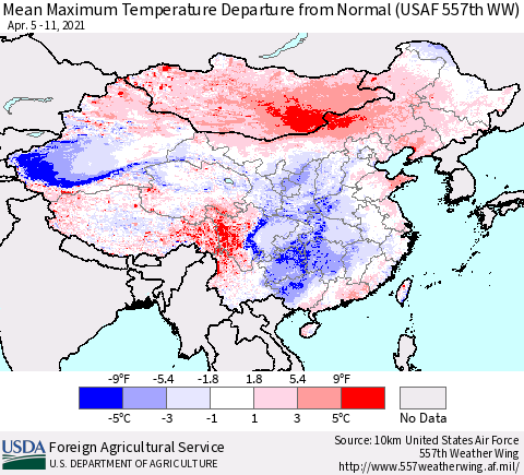 China, Mongolia and Taiwan Mean Maximum Temperature Departure from Normal (USAF 557th WW) Thematic Map For 4/5/2021 - 4/11/2021