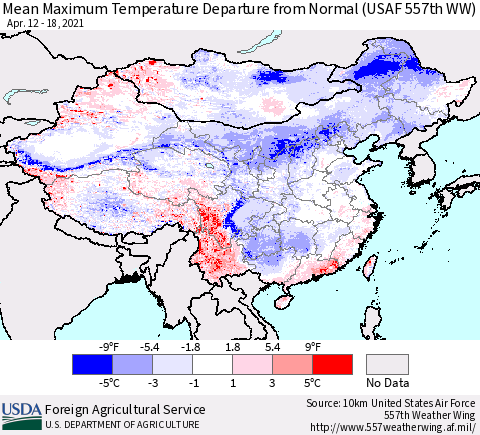 China, Mongolia and Taiwan Mean Maximum Temperature Departure from Normal (USAF 557th WW) Thematic Map For 4/12/2021 - 4/18/2021