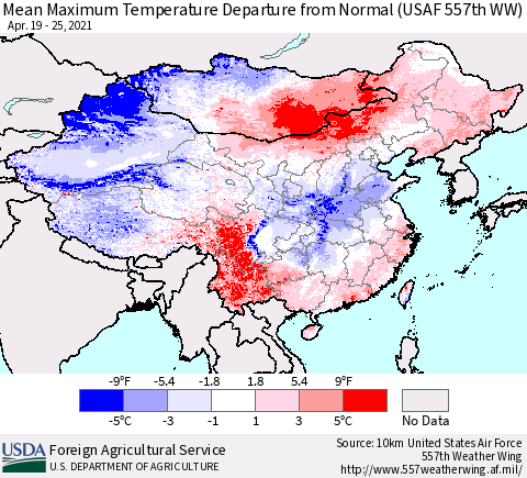 China, Mongolia and Taiwan Mean Maximum Temperature Departure from Normal (USAF 557th WW) Thematic Map For 4/19/2021 - 4/25/2021