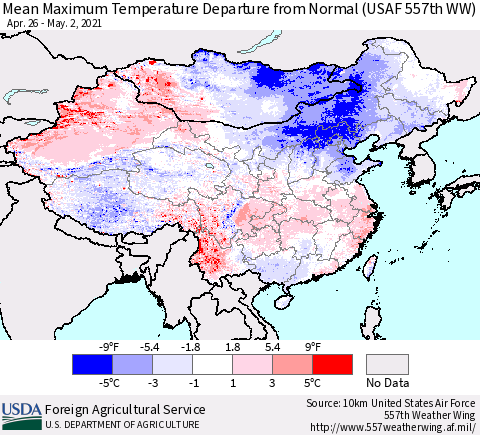 China, Mongolia and Taiwan Mean Maximum Temperature Departure from Normal (USAF 557th WW) Thematic Map For 4/26/2021 - 5/2/2021