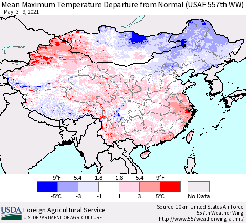 China, Mongolia and Taiwan Mean Maximum Temperature Departure from Normal (USAF 557th WW) Thematic Map For 5/3/2021 - 5/9/2021