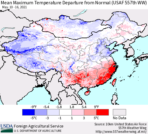 China, Mongolia and Taiwan Mean Maximum Temperature Departure from Normal (USAF 557th WW) Thematic Map For 5/10/2021 - 5/16/2021
