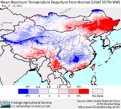 China, Mongolia and Taiwan Mean Maximum Temperature Departure from Normal (USAF 557th WW) Thematic Map For 5/17/2021 - 5/23/2021