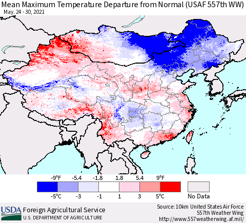 China, Mongolia and Taiwan Mean Maximum Temperature Departure from Normal (USAF 557th WW) Thematic Map For 5/24/2021 - 5/30/2021
