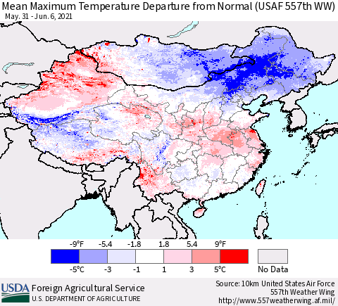 China, Mongolia and Taiwan Mean Maximum Temperature Departure from Normal (USAF 557th WW) Thematic Map For 5/31/2021 - 6/6/2021