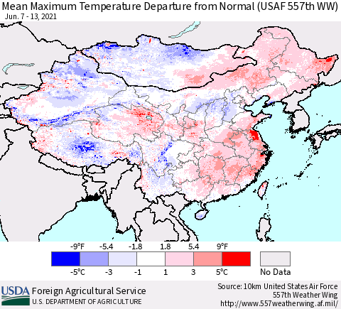 China, Mongolia and Taiwan Mean Maximum Temperature Departure from Normal (USAF 557th WW) Thematic Map For 6/7/2021 - 6/13/2021