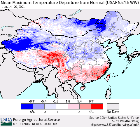China, Mongolia and Taiwan Mean Maximum Temperature Departure from Normal (USAF 557th WW) Thematic Map For 6/14/2021 - 6/20/2021
