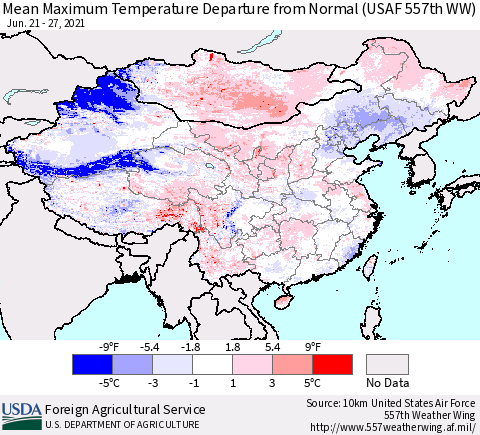 China, Mongolia and Taiwan Mean Maximum Temperature Departure from Normal (USAF 557th WW) Thematic Map For 6/21/2021 - 6/27/2021