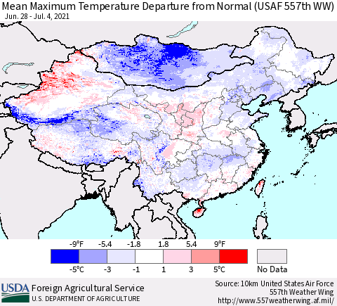 China, Mongolia and Taiwan Mean Maximum Temperature Departure from Normal (USAF 557th WW) Thematic Map For 6/28/2021 - 7/4/2021