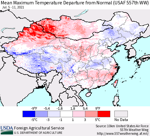 China, Mongolia and Taiwan Mean Maximum Temperature Departure from Normal (USAF 557th WW) Thematic Map For 7/5/2021 - 7/11/2021