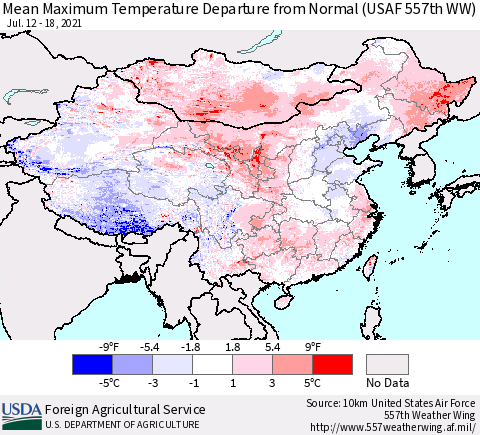 China, Mongolia and Taiwan Mean Maximum Temperature Departure from Normal (USAF 557th WW) Thematic Map For 7/12/2021 - 7/18/2021