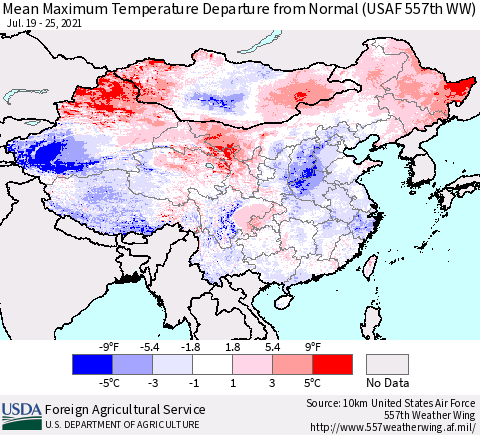 China, Mongolia and Taiwan Mean Maximum Temperature Departure from Normal (USAF 557th WW) Thematic Map For 7/19/2021 - 7/25/2021