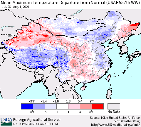 China, Mongolia and Taiwan Mean Maximum Temperature Departure from Normal (USAF 557th WW) Thematic Map For 7/26/2021 - 8/1/2021
