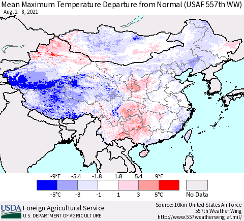 China, Mongolia and Taiwan Mean Maximum Temperature Departure from Normal (USAF 557th WW) Thematic Map For 8/2/2021 - 8/8/2021
